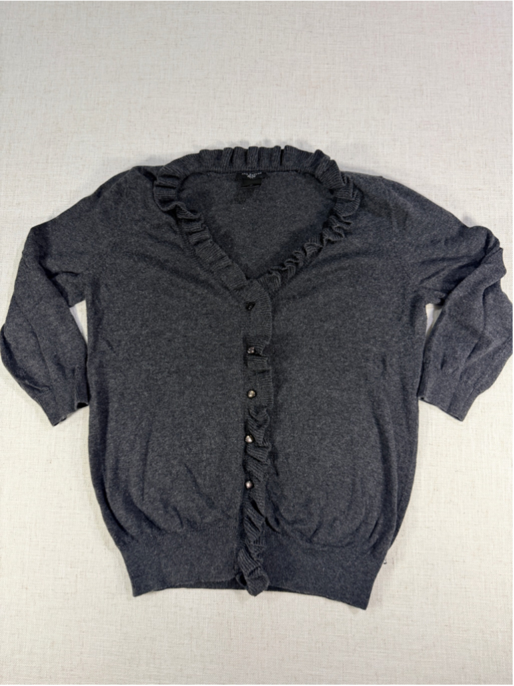 Ann Taylor Petite Women’s Ruffle Trim Button Front Cardigan Heather Charcoal Sma
